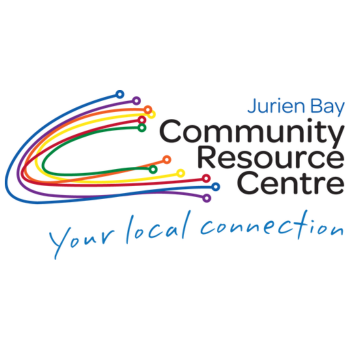 Logo of Jurien Bay Community Resource Centre with colourful curved lines and the tagline “Your local connection.”